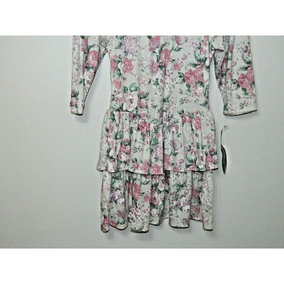Champagne West Dress Size 3/4‎ Vintage 80s  Ivory Pink Floral Tier Skater Mini - Picture 4 of 12